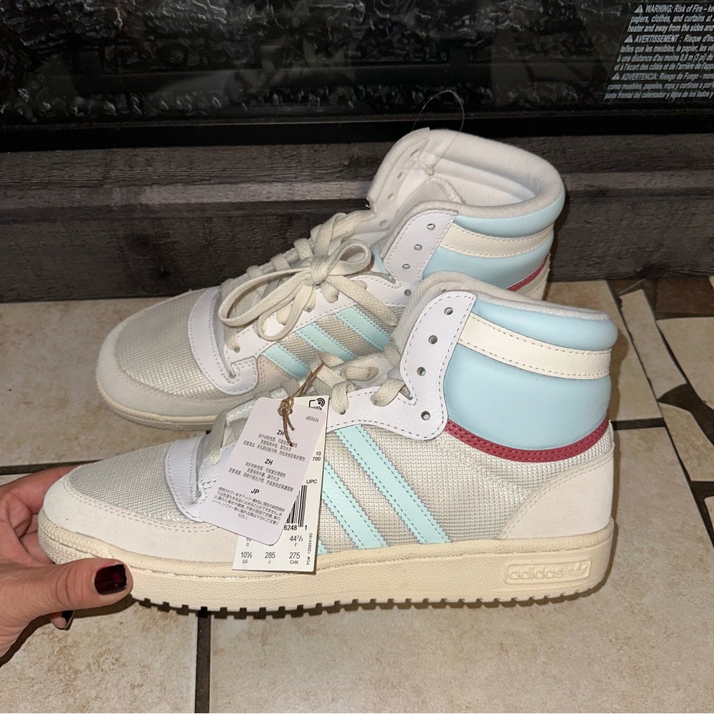 Adidas High-Top Sneakers in Cream and Light Blue